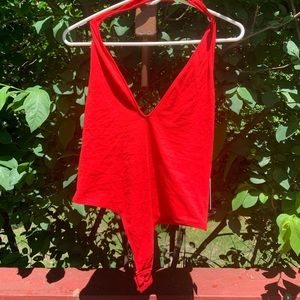 Express red, backless, bodysuit